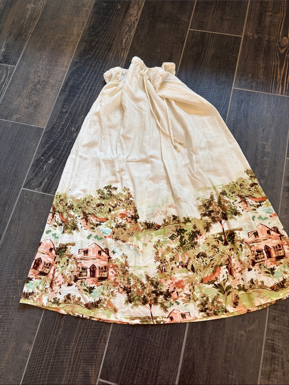 Tahari Cream Maxi Skirt with Scenic Border Print